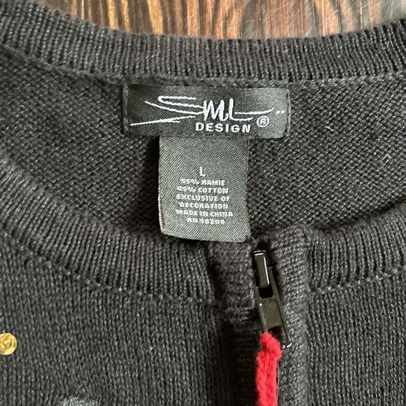 Vtg ML Design Sweater Size L Black Christmas Cardigan Winter Snowman Zip - Picture 6 of 7